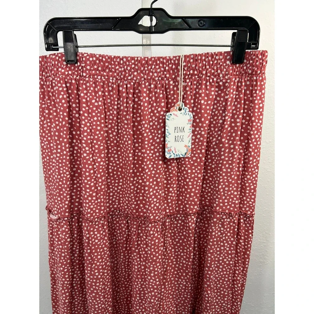 Pink Rose Clay Dot Polka Dot Tiered Maxi Skirt XL Elastic Waist PS0W50627‎ NEW
